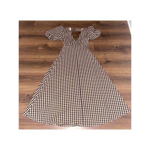 EUC DISSH Elm Chocolate Gingham Midi Dress Puff Sleeve Open Back Cotton Size 4 - Picture 12 of 16